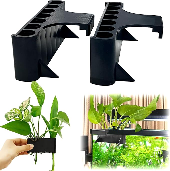 2PC 7 Holes Upgraded Aquarium Plant Holder, Aquatic Cup for Tank, Fish Tank Holder with Long Hook, Aquarium Feeder for Aquascape Decorations on Top of Tank (Black)