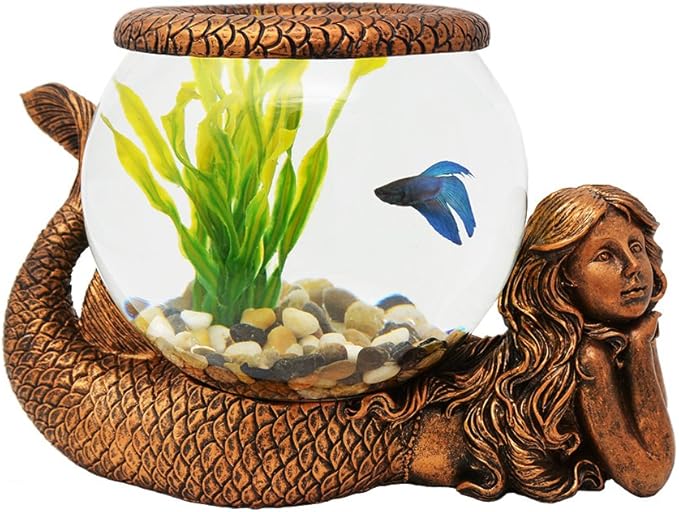 Mystical Mermaid Decorative Fish Bowl – 1 Gallon Glass Aquarium, Terrarium, or Candle Holder | Gold Antiqued Mermaid Figurine with Bowl, Accent Ring & River Rocks – Tabletop Home Décor Gift