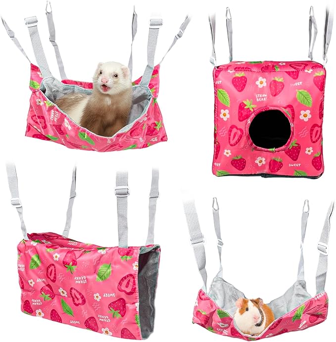 Guinea Pig Hammock,4 Pack Ferret Hammock Small Pets Hanging Hammock Ferret Hideout Bed Hamster Cage Accessories for Guinea Pig,Rat,Sugar Glider,Squirrel,Hamster(Strawberries)