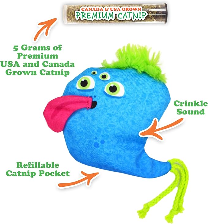 Meowijuana Blue Blob Bundle | Get Silly Refillable Blue Bob Toy and Whisker Tickler Catnip Blend | Promotes Play and Cat Health | Includes North American Organic Catnip