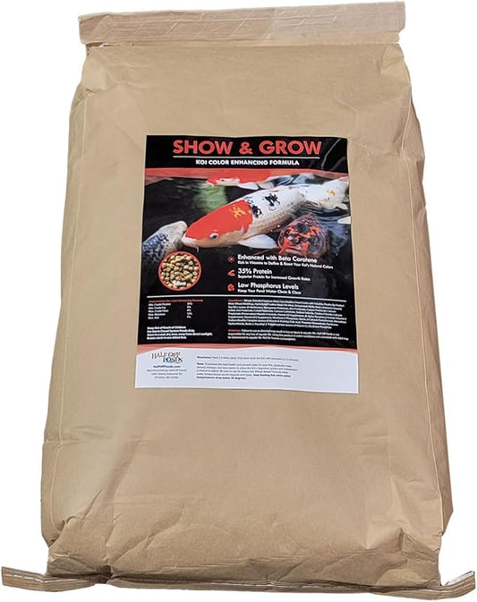HALF OFF PONDS Show & Grow Koi Fish Food - 20 lb Floating Pellets, 3mm Size - Goldfish Food for Ponds - 35% Protein with Beta Carotene & Vitamins - Enhances Color Vibrancy & Body Definition