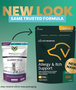 VetriScience Allergy & Itch Support Chews, Skin and Coat Supplement for Dogs, Allergy Chews for Itching, Scratching, and Licking, Support Skin and Immune Health, Duck, 75 Count