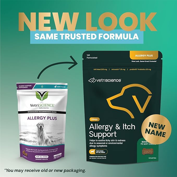 VetriScience Allergy & Itch Support Chews, Skin and Coat Supplement for Dogs, Allergy Chews for Itching, Scratching, and Licking, Support Skin and Immune Health, Duck, 75 Count