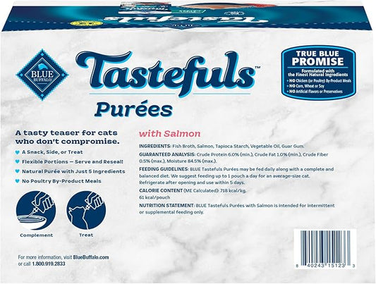 Blue Buffalo Tastefuls Purées with Salmon, Natural Cat Food Complement, Resealable Twist Cap Pouches, 3-oz. (12 Count)