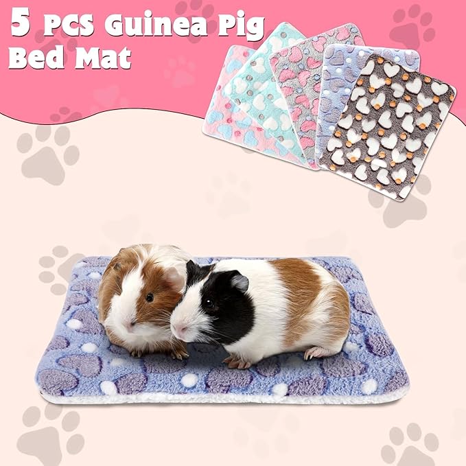 YUEPET 5 Pack Warm Guinea Pig Bed Pads Soft Guinea Pig Sleeping Mats Washable Small Animal Bedding Cage Liners for Indoor Bunny Hamster Squirrel Hedgehog Chinchilla Ferret Heart Pattern（12.5''*10.8''）
