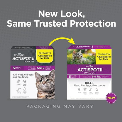 TevraPet Actispot II Flea Treatment for Small and Medium Cats 5-9 lbs | 6 Doses | Powerful Prevention and Control, Clear