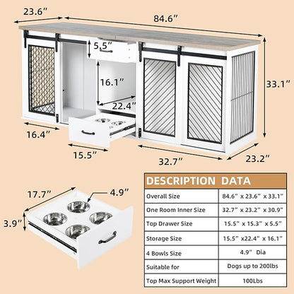 Extra Large Dog Crate Furniture, 85" Sliding Door Double Kennel for 2 Large Dogs Divided, Heavy Duty Wooden Dog Crate Kennel Furniture with 4 Dog Bowls and Drawer Indoor, White