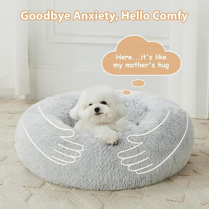 WNPETHOME Calming Dog Bed Cat Bed Donut, Faux Fur Pet Bed Self-Warming Donut Cuddler, Comfortable Round Plush Dog Beds(20 x 20 x 8 Inch, Light Grey)