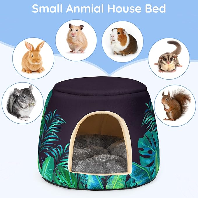 Glittme Guinea Pig Hideout,2 in 1 Guinea Pig Bed with Removable Pad, Washable Bunny Bed,Rabbit,Leaves