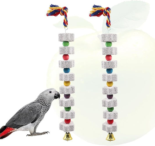 2 Pack Bird Beak Grinding Stone with Apple Scent, Large Parrot Chewing Calcium Stone Toy with Bells, Bird Cage Accessories, Suitable for Cockatiel Parakeet Parrot Budgies Rat Hamster Chinchilla Rabbit