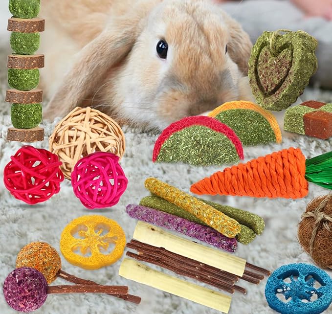 Rabbit & Guinea Pig Toys - Natural Timothy Hay & Apple Wood Sticks for Teeth Care - Handmade for Hamster, Bunny, Chinchilla (27 Pcs)