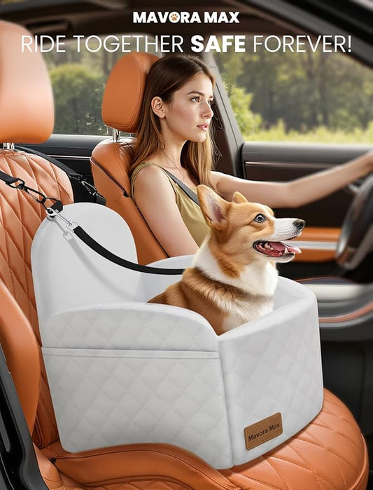 (Up to 35lbs Small/Medium Dog Car Seat Booster Dog Seat for Car Portable with Adjustable Seatbelts Puppy Travel Carrier for SUV,Truck, with Memory Foam Cushion(White)