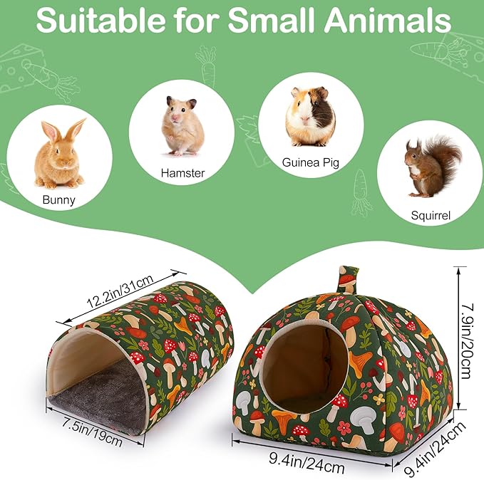 Bienbee Guinea Pig Hideout, Washable Rabbit Bed with Guinea Pig Tunnel, 2 Pack Guinea Pigs Toys Set Bunny Hideout Cage Accessories for Hamster Ferret Rabbits Bunny, Green Mushroom