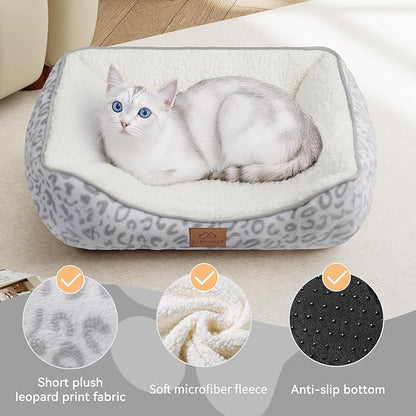 Rectangle Cat Dog Bed for Large Medium Small Pets Indoor Outdoor Machine Washable Sleeping Sofa Non-Slip Bottom Soft Puppy Bed Durable Orthopedic Calming Pet Cuddler (Small, White Leopard)