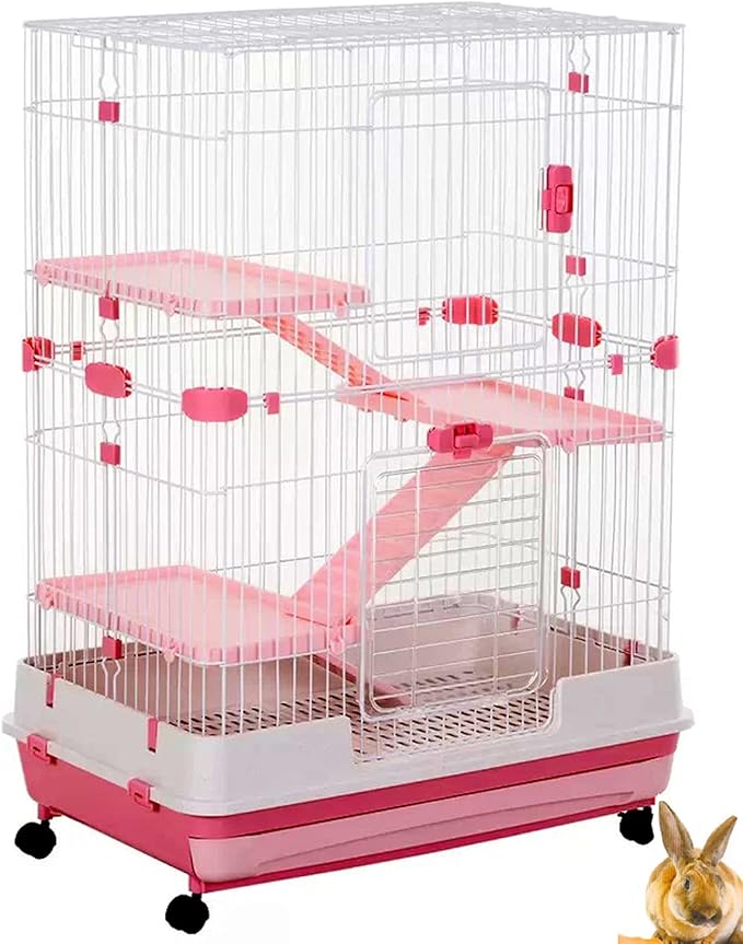 Pink X-Large Deluxe 4-Level in/Outdoor Rabbit Hutch Home Cage for Ferret Chinchilla Paw Safe Solid Platform Ramp Mesh Floor Leakproof Pull Out Easy Clean 2-Inch Deep Tray Lockable Casters