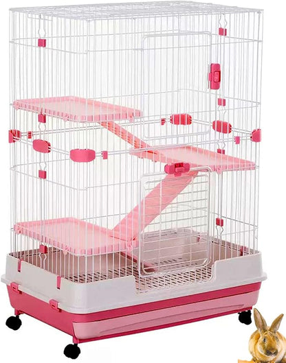 Pink X-Large Deluxe 4-Level in/Outdoor Rabbit Hutch Home Cage for Ferret Chinchilla Paw Safe Solid Platform Ramp Mesh Floor Leakproof Pull Out Easy Clean 2-Inch Deep Tray Lockable Casters
