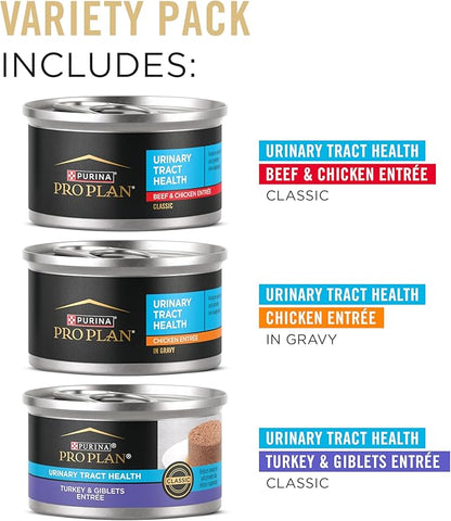 Purina Pro Plan Urinary Cat Food Wet Variety Pack Urinary Tract Health Chicken, Beef and Chicken, and Turkey and Giblets - (2 Packs of 12) 3 oz. Cans