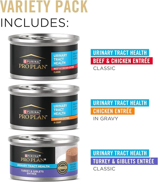 Purina Pro Plan Urinary Cat Food Wet Variety Pack Urinary Tract Health Chicken, Beef and Chicken, and Turkey and Giblets - (2 Packs of 12) 3 oz. Cans