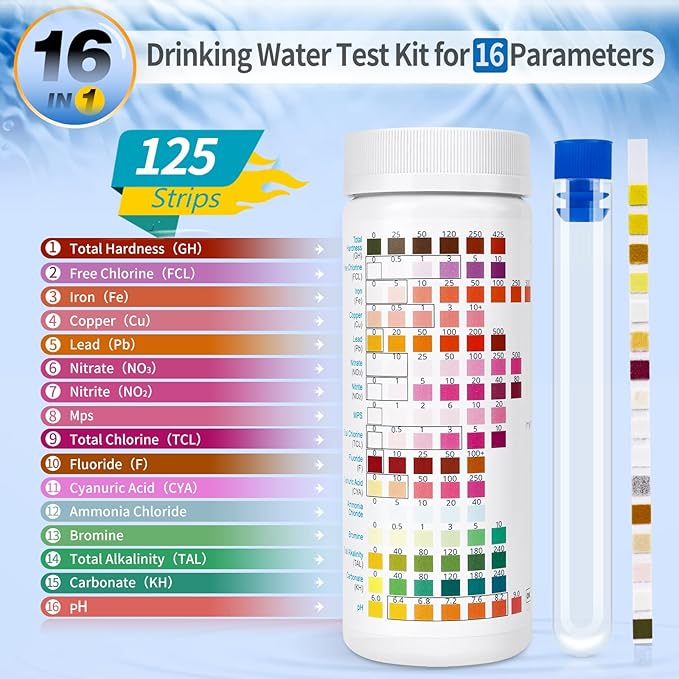 16 in 1 Premium Water Test Kit - 125 Home Water Quality Test Strips for Well and Tap Test Kit - Testing for pH, Hardness, Chlorine, Lead, Iron, Copper, Nitrate, Nitrite, etc