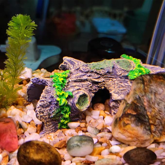 2PCS Aquarium Trunk Decoration Small Hollow Tree Trunk Hideout Log Hideaway Fish Tank Resin Wood Ornament Reptile Habitat Cave for Fish and Shrimp to Swim(6.7X 3.3 x 3'')