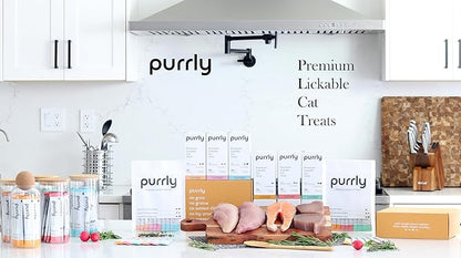 Purrly Hydrating Wet Cat Treat Snack Topper Creamy Purée Human-Grade Chicken Breast & Salmon with Omega-3 & 6 for Skin & Coat (30 Count) Healthy Lickable Squeeze Soft Snack