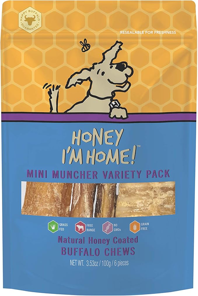 Honey I'm Home, Mini Muncher Buffalo Dog Chews Variety Pack, 3.53 Ounces - All Natural, Free Range, Healthy, Grain Free, Honey Coated & Crunchy