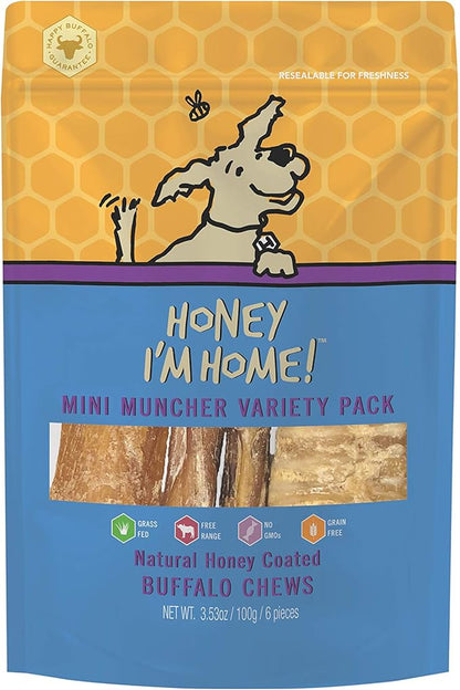Honey I'm Home, Mini Muncher Buffalo Dog Chews Variety Pack, 3.53 Ounces - All Natural, Free Range, Healthy, Grain Free, Honey Coated & Crunchy