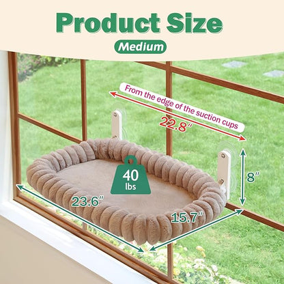 Zakkart SnugCloud Foldable Cat Window Perch - Cordless, Ultra Soft Machine Washable Bed with 4-Sided Bolster, Metal Frame - Window Hammock for Large Cats and Kittens (Brown, Medium)