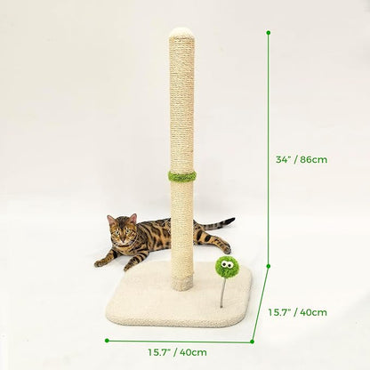 TINYBEAST 34" Tall Cat Scratching Post, Cat Scratcher Featuring Natural Sisal Rope, Cat Tree with Interactive Plush Toy Ball and Stable Base for Indoor Large Adult Cats & Kittens(Beige)
