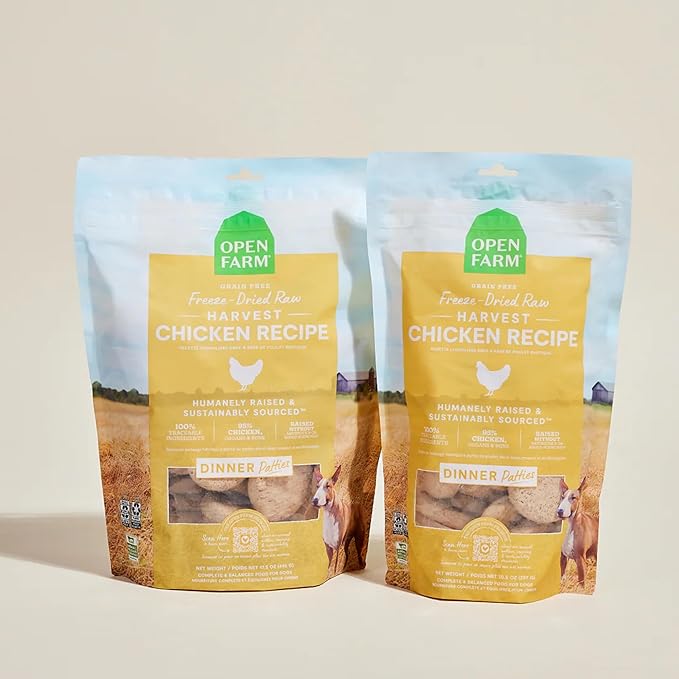 Open Farm, Freeze Dried Raw Dog Food, Patties with 95% Meat, Organs & Bone, Complete Meal or Freeze Dried Dog Food Mixer, Chicken Recipe, 10.5oz Bag