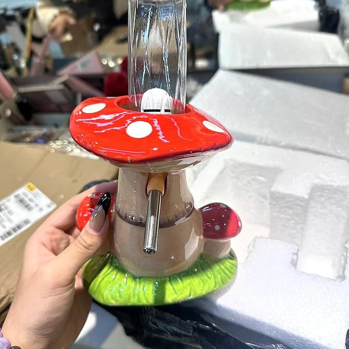 Ceramic Hamster Water Bottle with Stand & 80ML Water Bottle, Water Dispenser for Small Animal, Water Bottle Holder Auto Water Feeding Bottles for Syrian Dwarf Hamster Mice Gerbil (Mushroom Shape, Red)