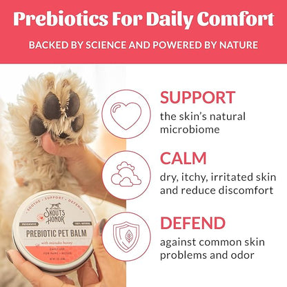 SKOUT'S HONOR Prebiotic Pet Balm - 100% Natural and Made w/Manuka Honey to Promote Healing of Your pet's paw Pads and Nose, Soothes Dry, Itchy Paws and Noses - Safe for Cats and Dogs, 2oz, 4-Pack