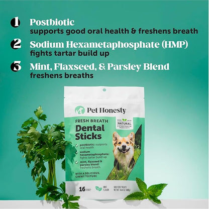 Pet Honesty Dental Health Fresh Sticks - Oral Hygiene Dental Treat for Dogs - Dental Dog Chews - Freshen Dog Breath, Reduce Plaque + Tartar - 16 Sticks