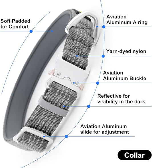 Plutus Pet Reflective Dog Collar with Aviation Aluminum Buckle, Neoprene Padded for Comfort, Lightweight, Heavy Duty Nylon Collar for Puppy Small Medium Large Dogs (Gray, XL)