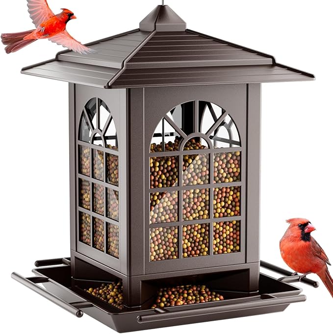 Birdream Bird Feeders for Outdoors Hanging, Classic Courtyard Design Fun Assembly 3.5LB Large Bird Feeder, Attracting Wild Birds Cardinals Goldfinches Sparrows - Brown