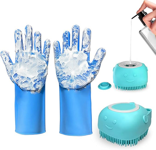 2PCS Dog Washing Gloves and Dog Shampoo Brush, Dog Bath Supplies Dog and Cat Bath Set