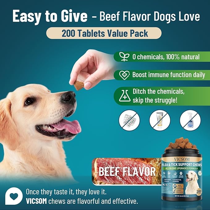 Flea and Tick Prevention for Dogs Chewable, 200 Soft Treats Natural Oral Dog Flea and Tick Treatment Chews Support Dog Skin & Digestive Supplement for Dogs Puppies All Breeds & Ages, Beef Flavor