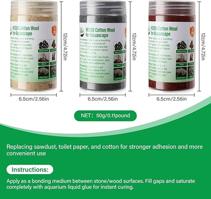 Cotton Wool for Aquascape - Gap Filler Cotton for Rocks & Wood | Aquarium Safe Bonding Material | Secure Adhesive Helper(Gray (Seiryu Stone Color))
