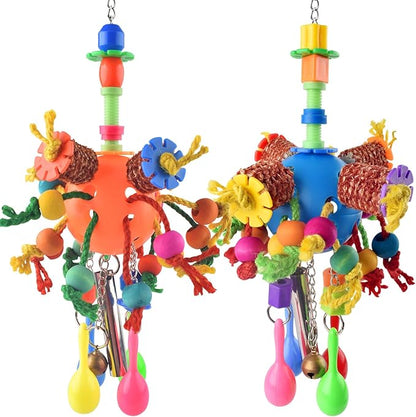 KATUMO Bird Toys, 2PCS Parakeet Foraging Shredder Hanging Toys with Sola Balls Sand Hammer, Parrot Ball Treats for Conure Mini Macaw Cockatiel Lovebird Small-Medium Birds