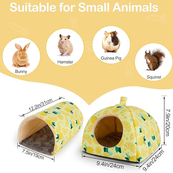 Bienbee Guinea Pig Hideout, Washable Rabbit Bed with Guinea Pig Tunnel, 2 Pack Guinea Pigs Toys Set Bunny Hideout Cage Accessories for Hamster Ferret Rabbits Bunny,Yellow Lemon