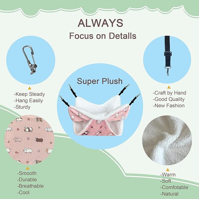 LUCKITTY Small Pet Hammock & Tunnel Set for Ferrets, Guinea Pigs, Rats - Plush Hideout Bed & Cage Toy, 2-Pack, Pink Guinea Pig Print