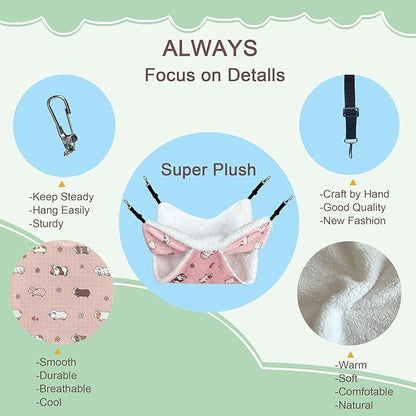 LUCKITTY Small Pet Hammock & Tunnel Set for Ferrets, Guinea Pigs, Rats - Plush Hideout Bed & Cage Toy, 2-Pack, Pink Guinea Pig Print