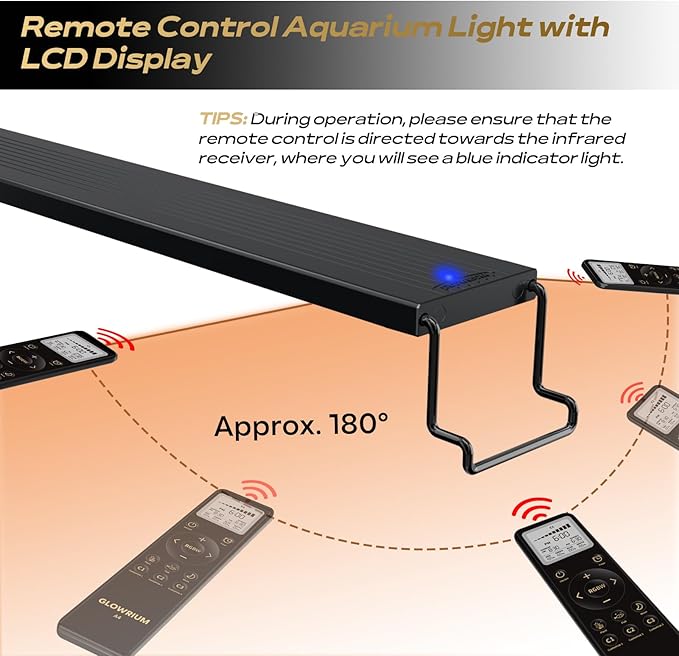 GLOWRIUM LED Aquarium Light with Remote, Full Spectrum Fish Tank Light with Auto Timer, IP67 Waterproof Freshwater Planted Tank Light, Dimmable RGB+W+Moon LEDs with High Performance (18W 24-29inch)