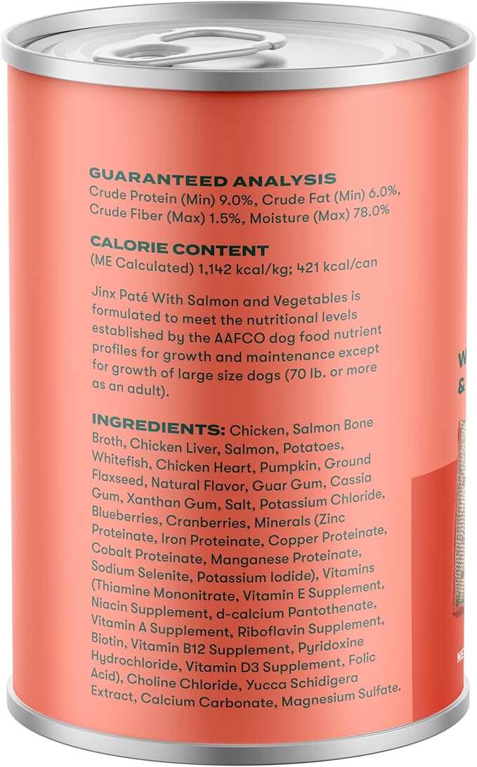 Jinx Premium Wet Dog Food Cans, Variety Pack - Salmon & Chicken Pate - Grain-Free Canned Dog Food Pate & Topper with Real Ingredients & No Fillers - All Life Stages, Breeds & Sizes - 12-Pack, 13 Oz