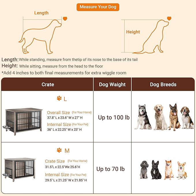 Lulive 37.8" Dog Crate Furniture, Large Wooden Dog Kennel Indoor with 360°& Adjustable Raised Dog Bowls, Double Doors Furniture Decorative Side End Table Dog Cage for Medium Dogs, Grey