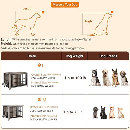Lulive 37.8" Dog Crate Furniture, Large Wooden Dog Kennel Indoor with 360°& Adjustable Raised Dog Bowls, Double Doors Furniture Decorative Side End Table Dog Cage for Medium Dogs, Grey