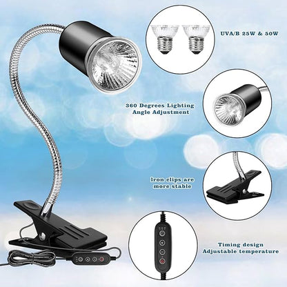 Reptile Tank Accessories, Reptile Heat Lamp with Clamp and 2 Bulb (25W + 50W) , Hermit Crab Heater, Tortoise Habitat Accessories, Turtle Heat Lamp, Reptile Terrarium for Lizard, Hermit Crab, Tortoise