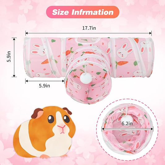 Rypet Guinea Pig Tunnel 3 Way Collapsible Small Pet Tunnels and Tubes with Interactive Ball for Baby Rabbit Ferret Hamster Chinchilla Hedgehog Hiding and Resting-Pink