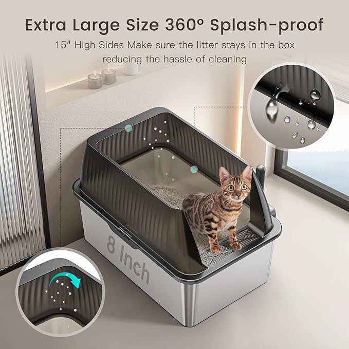 Tripamin 15” XL Stainless Steel Cat Litter Box Enclosure, XXL Stainless Steel High Sides with Lid, Extra Large Metal Cat Litter Box (Translucent Black, XX-Large)