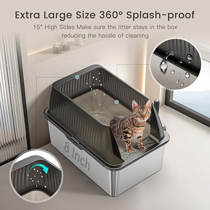 Tripamin 15” XL Stainless Steel Cat Litter Box Enclosure, XXL Stainless Steel High Sides with Lid, Extra Large Metal Cat Litter Box (Translucent Black, XX-Large)